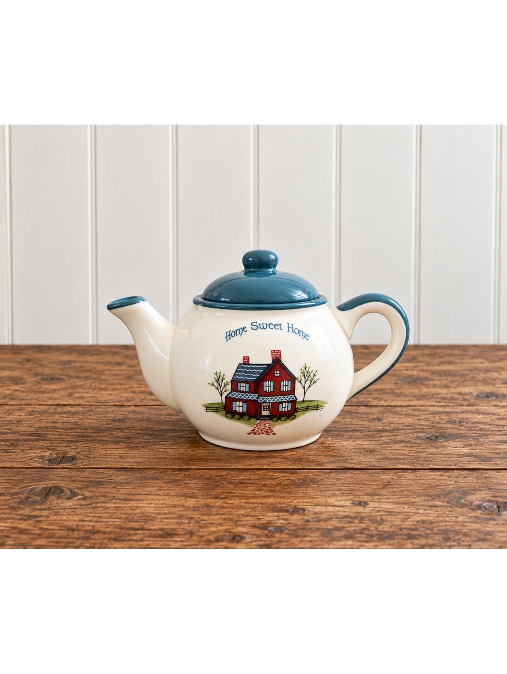 Vintage Home Sweet Home Ceramic Teapot Red House Blue Farmhouse Country Decor